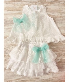 CONJUNTO NIÑA CEREMONIA BLANCO CON TUL VERDE AGUA